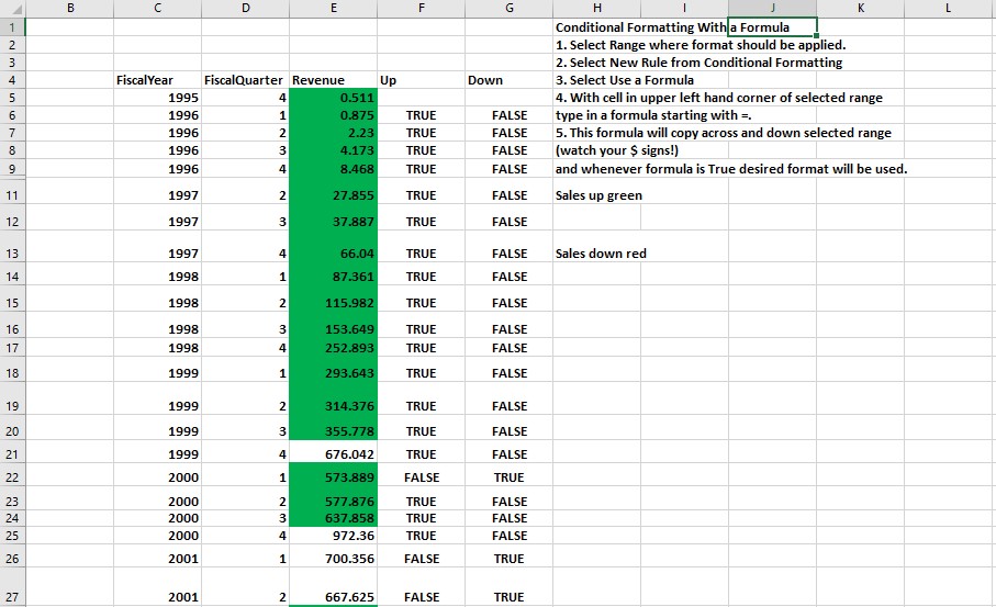 screenshot of excel spreadsheet showing conditional formatting with a formula that uses true/false