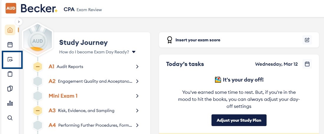 Screenshot of becker's cpa exam review dashboard