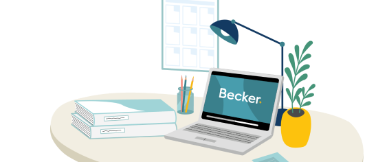 A stack of Becker material on a desk